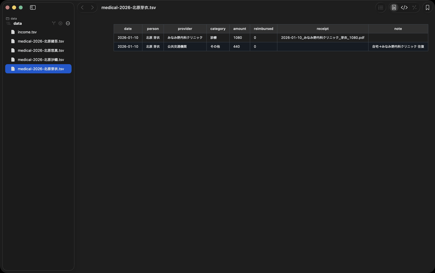 集計表の TSV が befold で表として表示されている。date・person・provider・amount・receipt の列が並ぶ